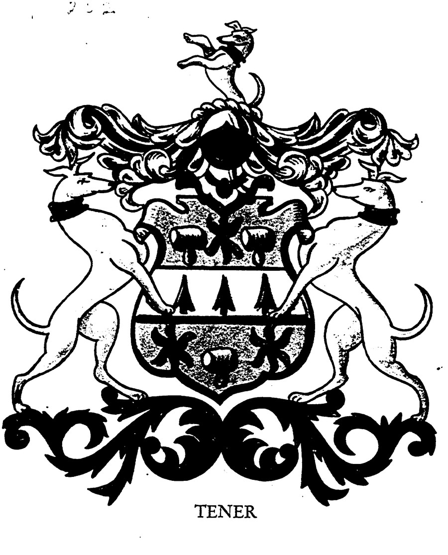The Tener crest plate from the 1949 family history: an engraved achievement with a shield bearing a fess charged with three ermine spots, two mallets and an ermine spot above, two stars and a mallet below, flanked by two collared greyhound supporters, a collared greyhound above, and the name TENER beneath
