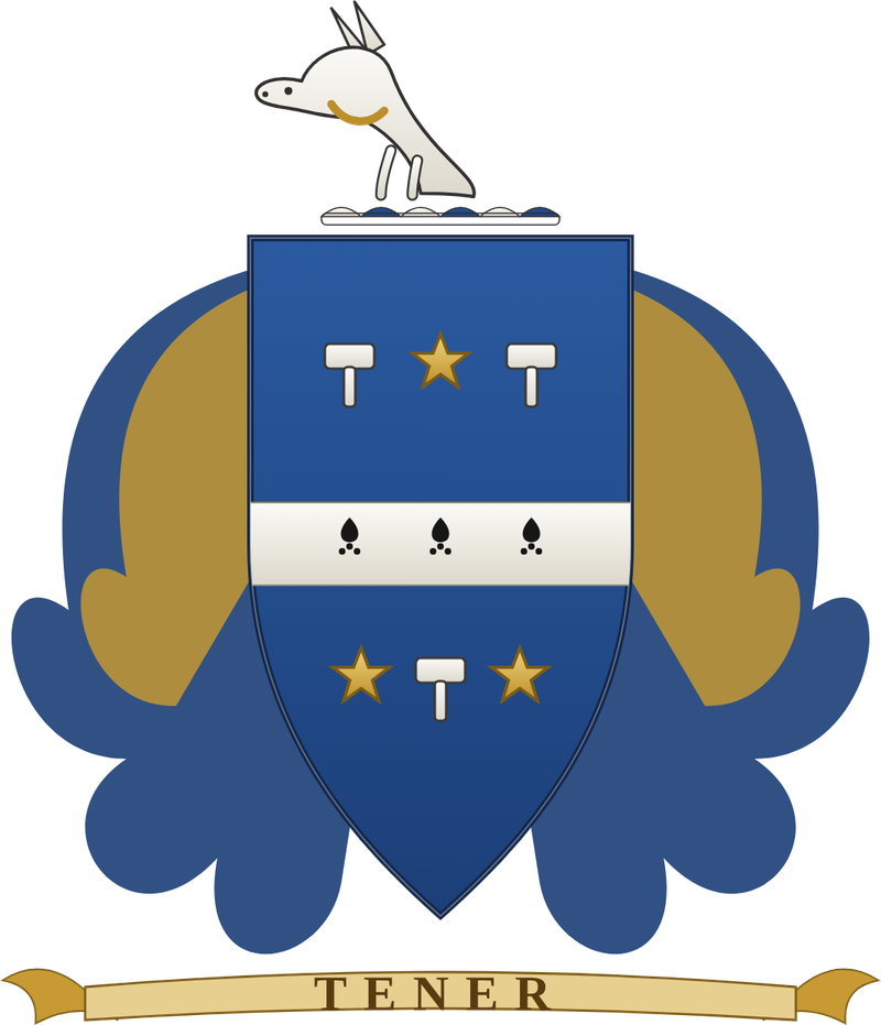The Tener family crest: an azure shield bearing a gold chevron between three gold escallop shells, crested by a demi-greyhound, with the motto Tenax et Fidelis